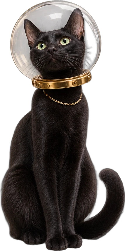 Mia, a gata preta da Flow Zone, com capacete de astronauta